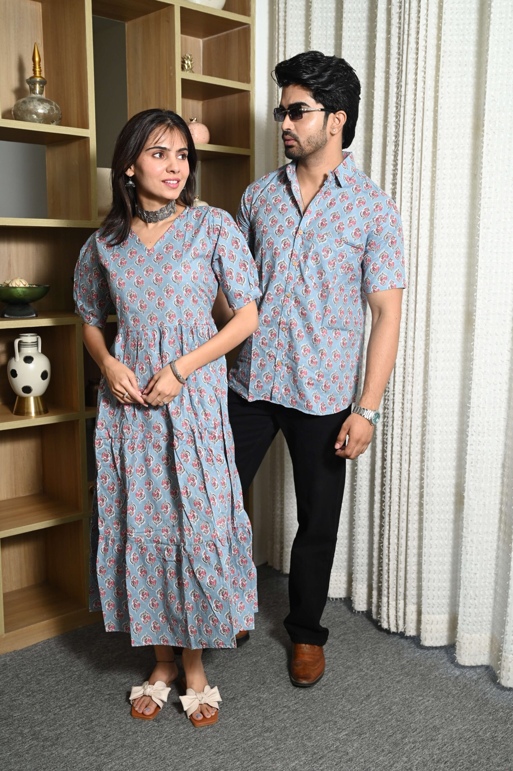 Couple Matching Sky Blue Cotton Anarkali Midi Dress and Shirt Set ? Pink Floral Print
